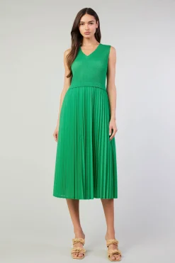 Fashion Cari Ribbed Contrast Pleated Dress Women Midi Dresses