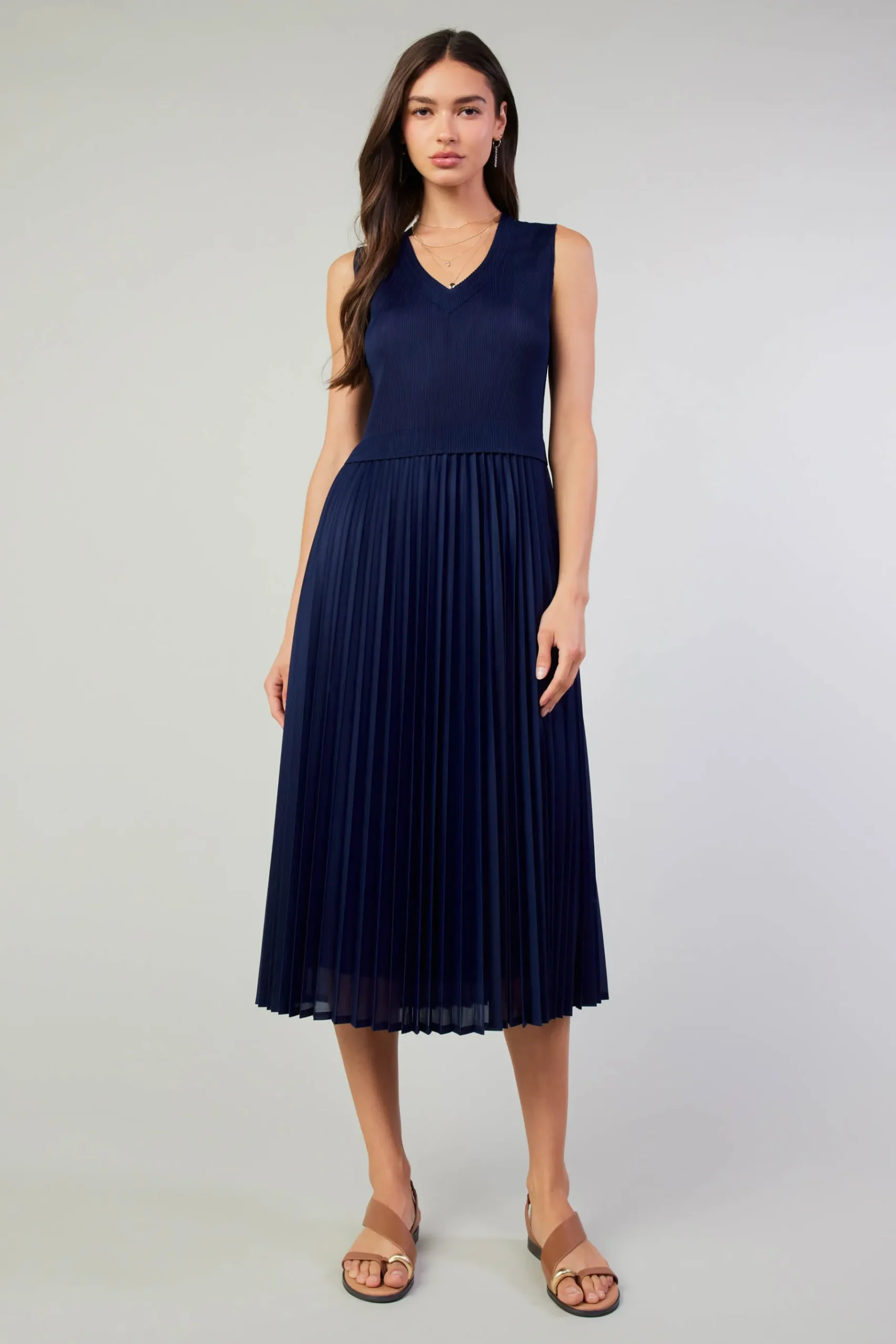 Outlet Cari Ribbed Contrast Pleated Dress Women Midi Dresses