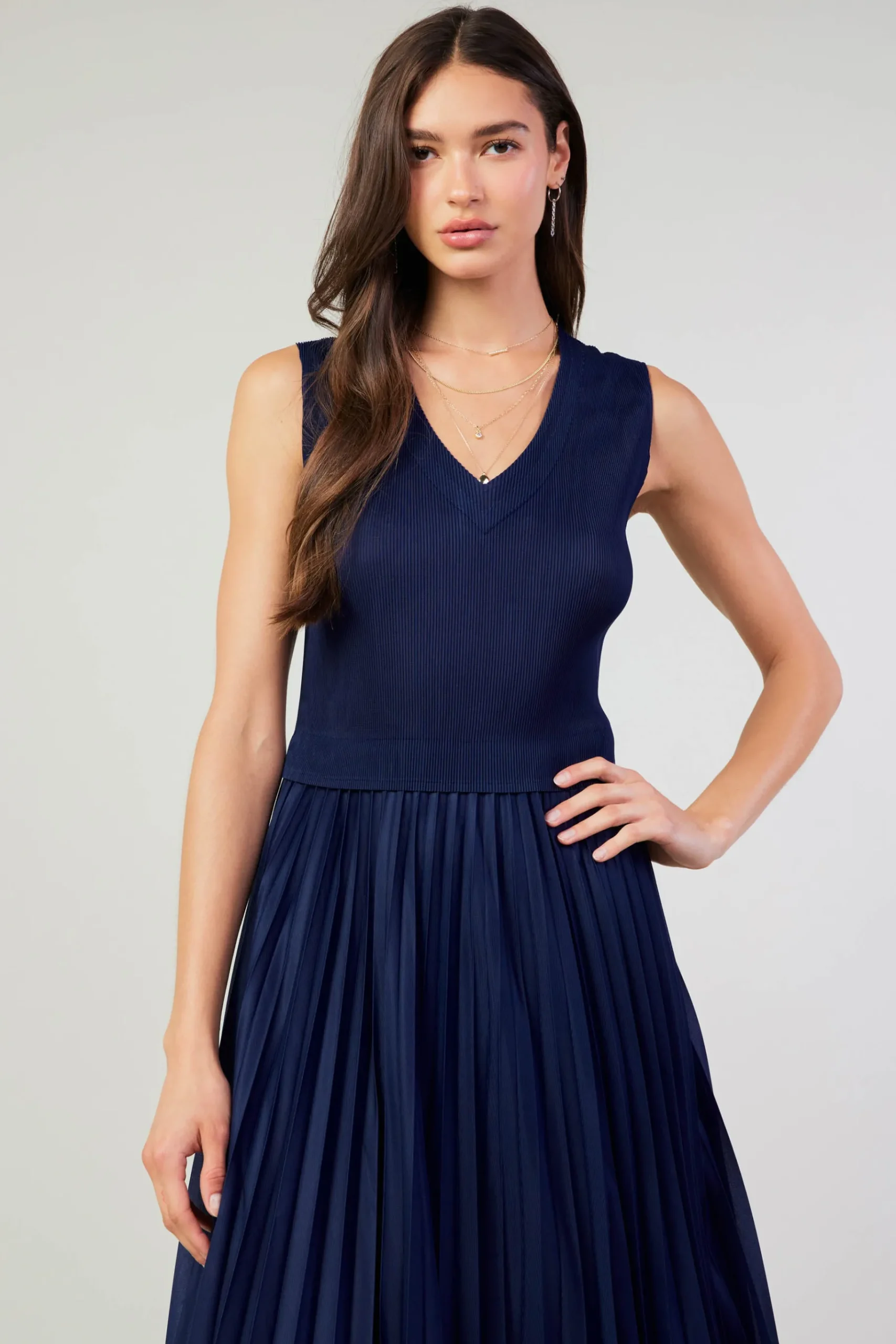 Outlet Cari Ribbed Contrast Pleated Dress Women Midi Dresses