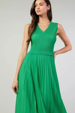 Fashion Cari Ribbed Contrast Pleated Dress Women Midi Dresses