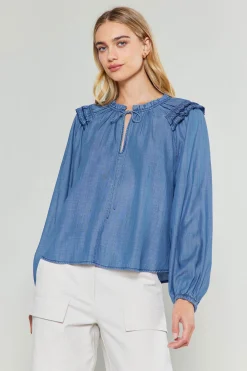 Discount Picot Stitched Blouse Women Long Sleeve Tops