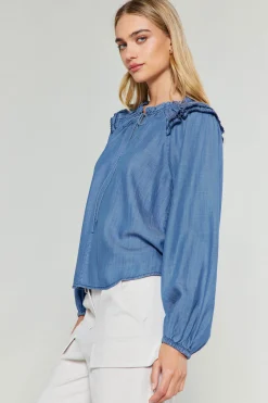 Discount Picot Stitched Blouse Women Long Sleeve Tops