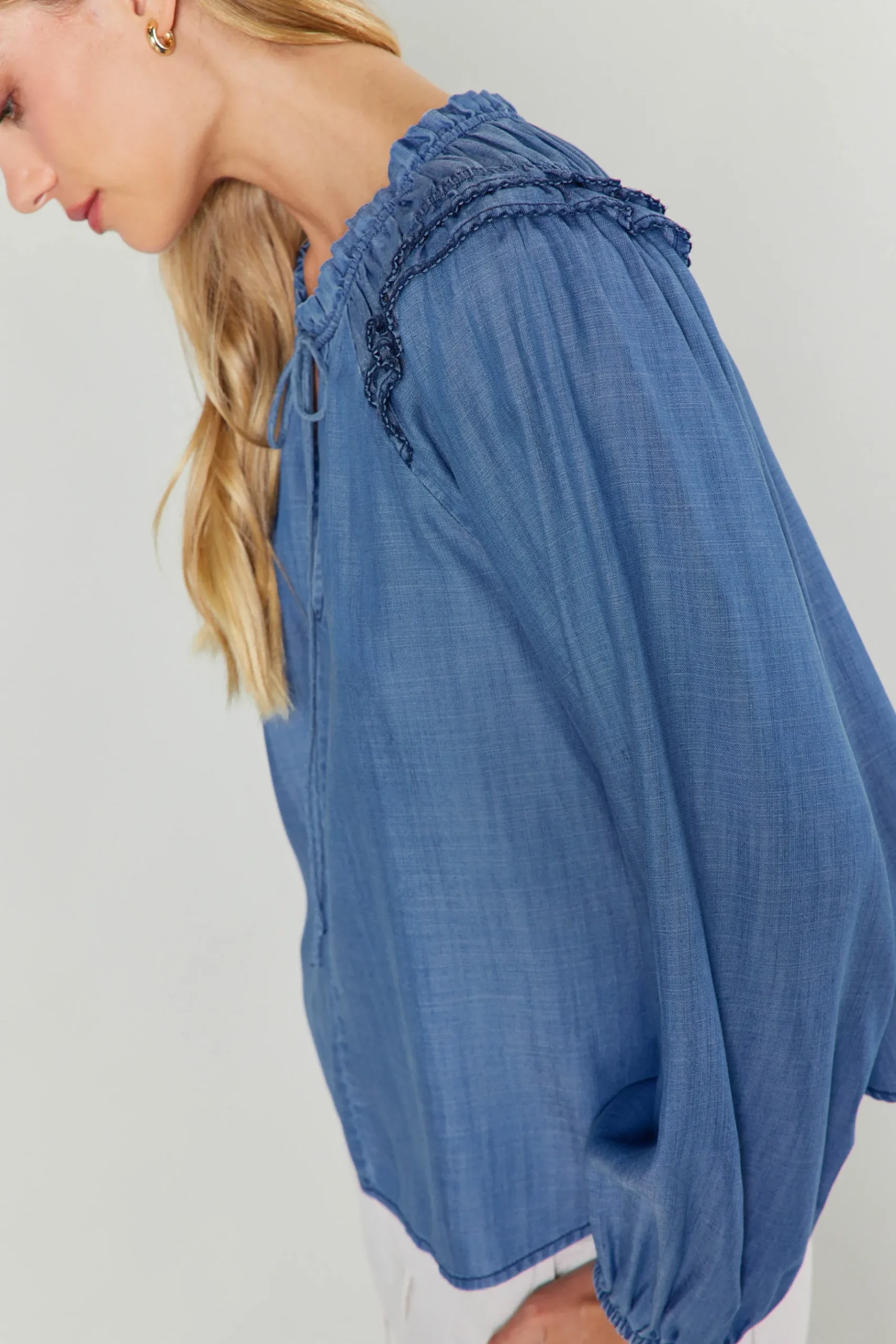 Discount Picot Stitched Blouse Women Long Sleeve Tops