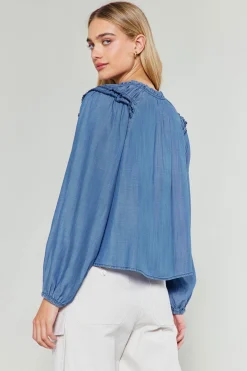 Discount Picot Stitched Blouse Women Long Sleeve Tops