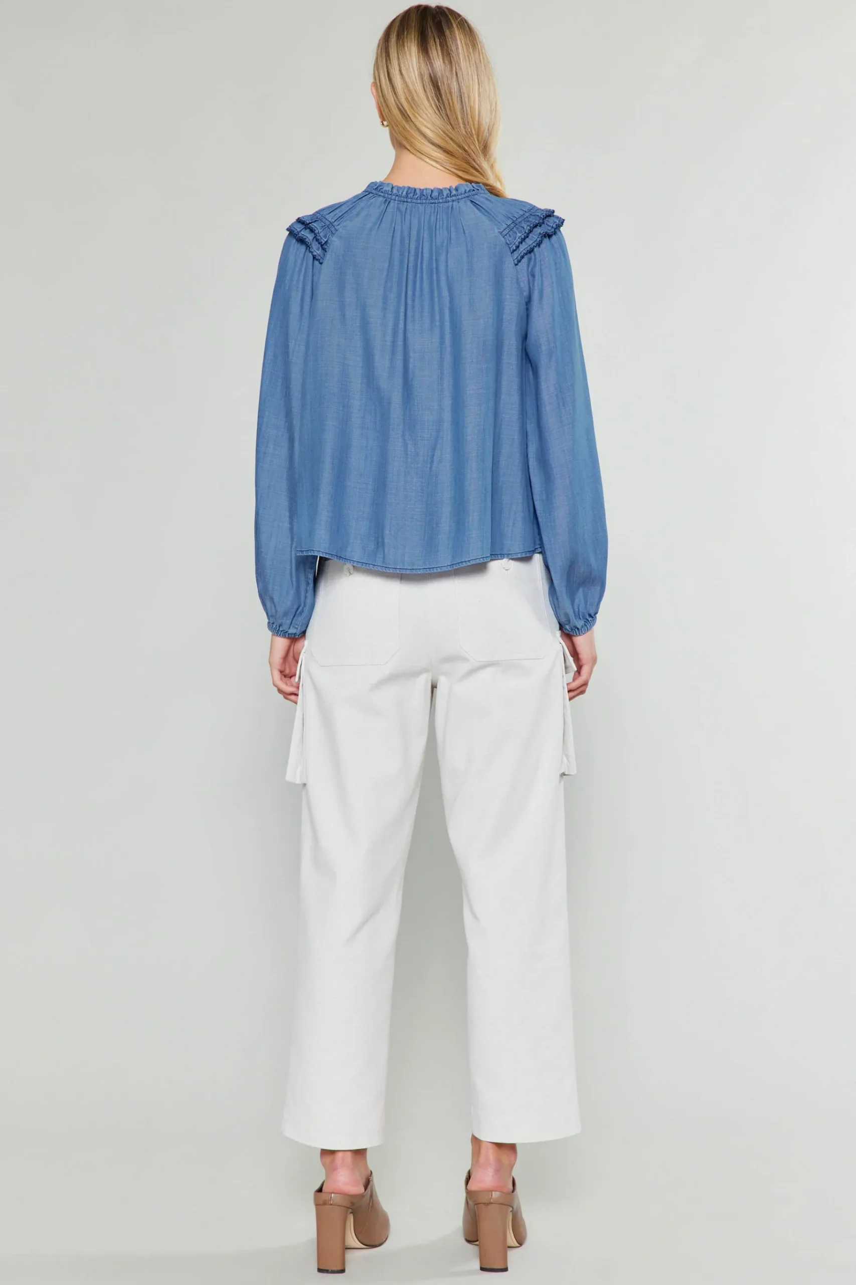 Discount Picot Stitched Blouse Women Long Sleeve Tops