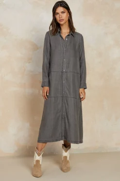Hot Chambray Shirt Dress Women Midi Dresses