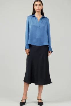 Hot Collared Splitneck Blouse Women Long Sleeve Tops