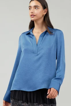 Hot Collared Splitneck Blouse Women Long Sleeve Tops
