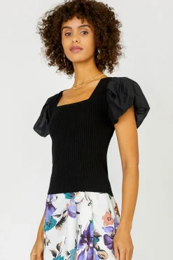 Discount Constrast Puff Sleeve Sweater Top Women Short Sleeve Tops | Sweaters