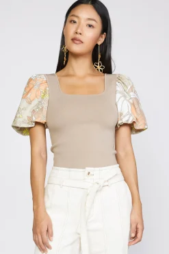 Hot Contrast Floral Sweater Top Women Short Sleeve Tops | Sweaters