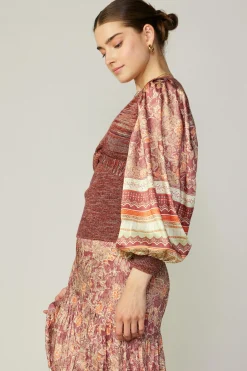 Clearance Contrast Sleeve Border Print Sweater Women Sweaters
