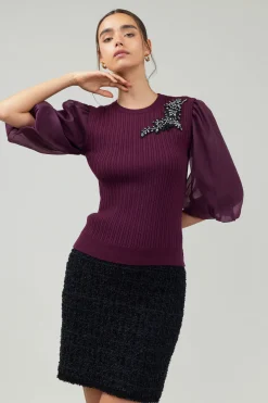 Hot Contrast Sleeve Knit Blouse Women Knitwear | Short Sleeve Tops
