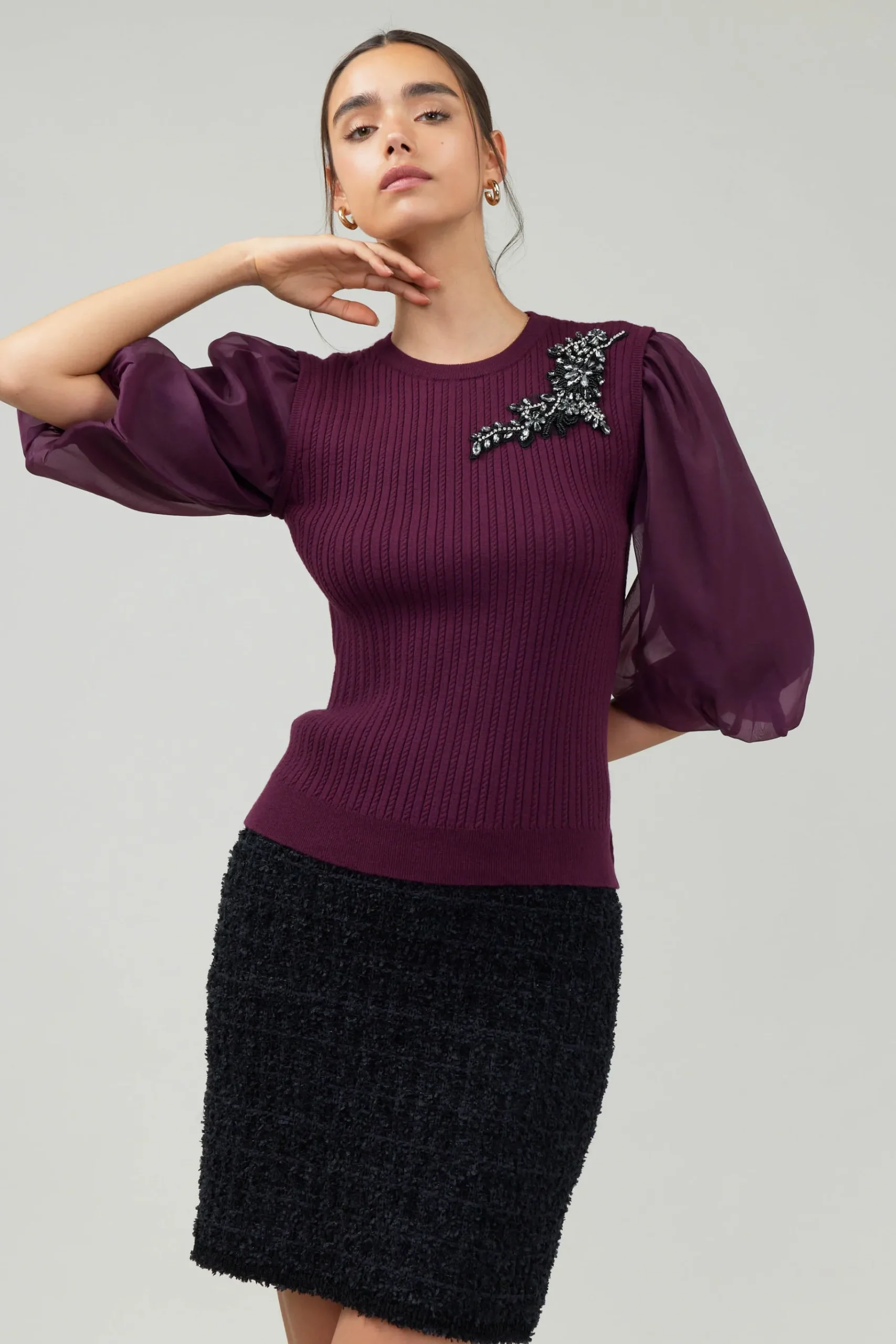 Hot Contrast Sleeve Knit Blouse Women Knitwear | Short Sleeve Tops