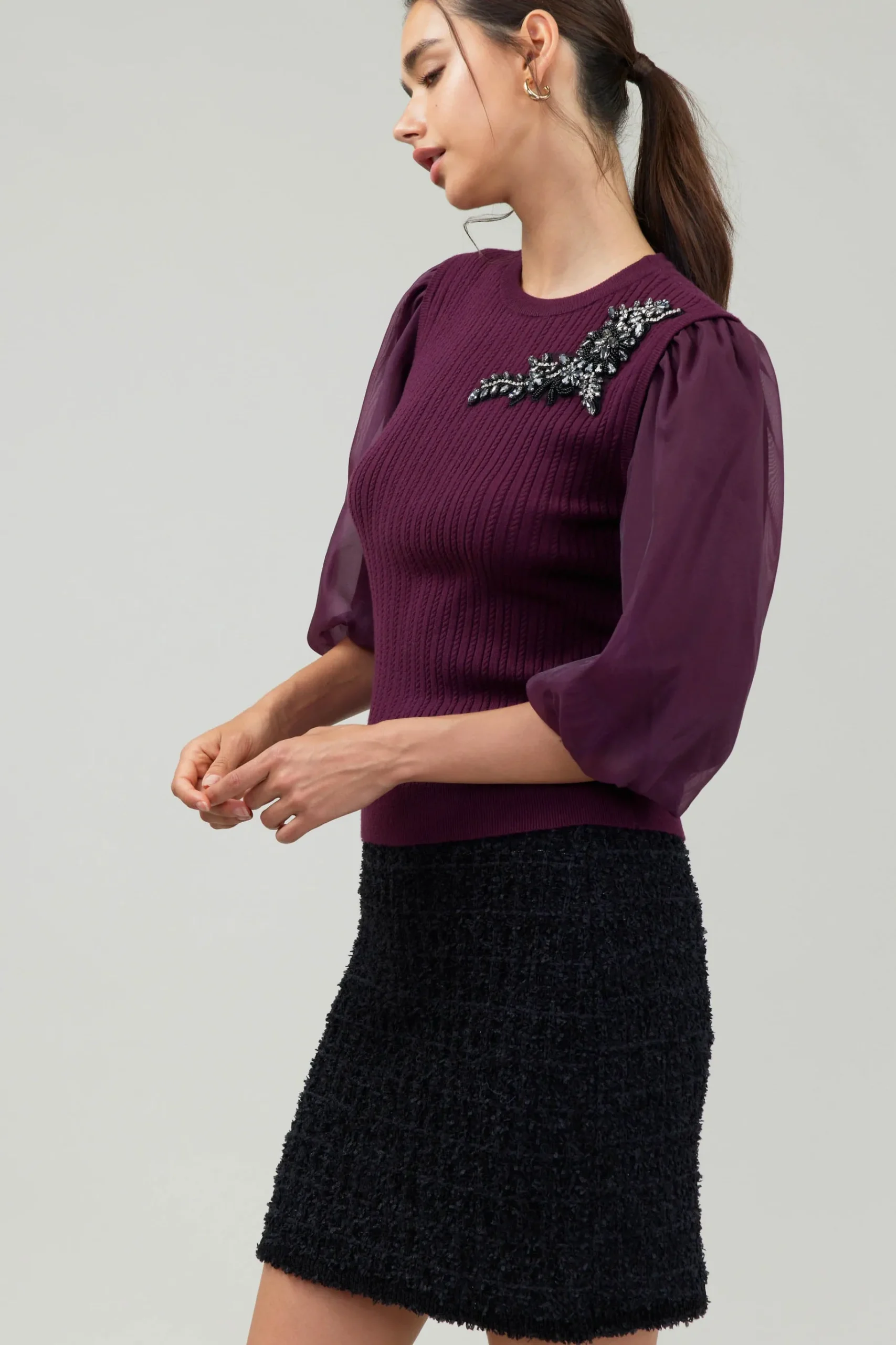 Hot Contrast Sleeve Knit Blouse Women Knitwear | Short Sleeve Tops