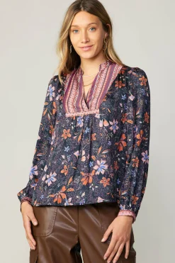 Fashion Contrast Stripe Floral Blouse Women Long Sleeve Tops