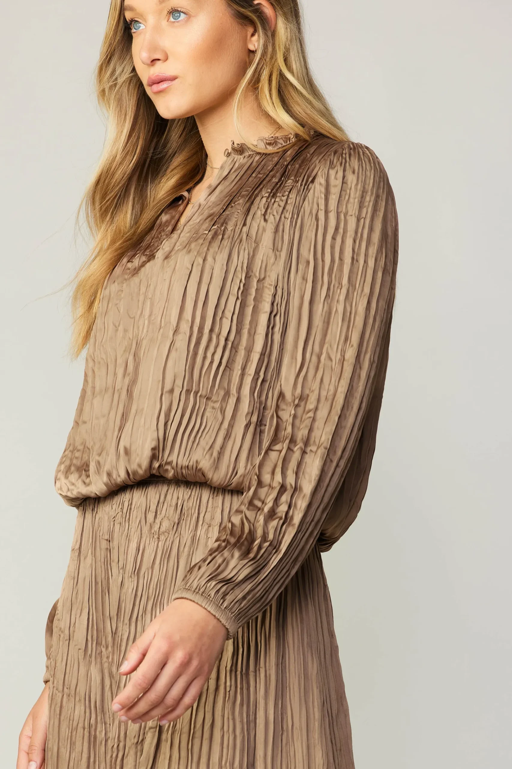 Discount Crinkle Plisse Blouse Women Long Sleeve Tops