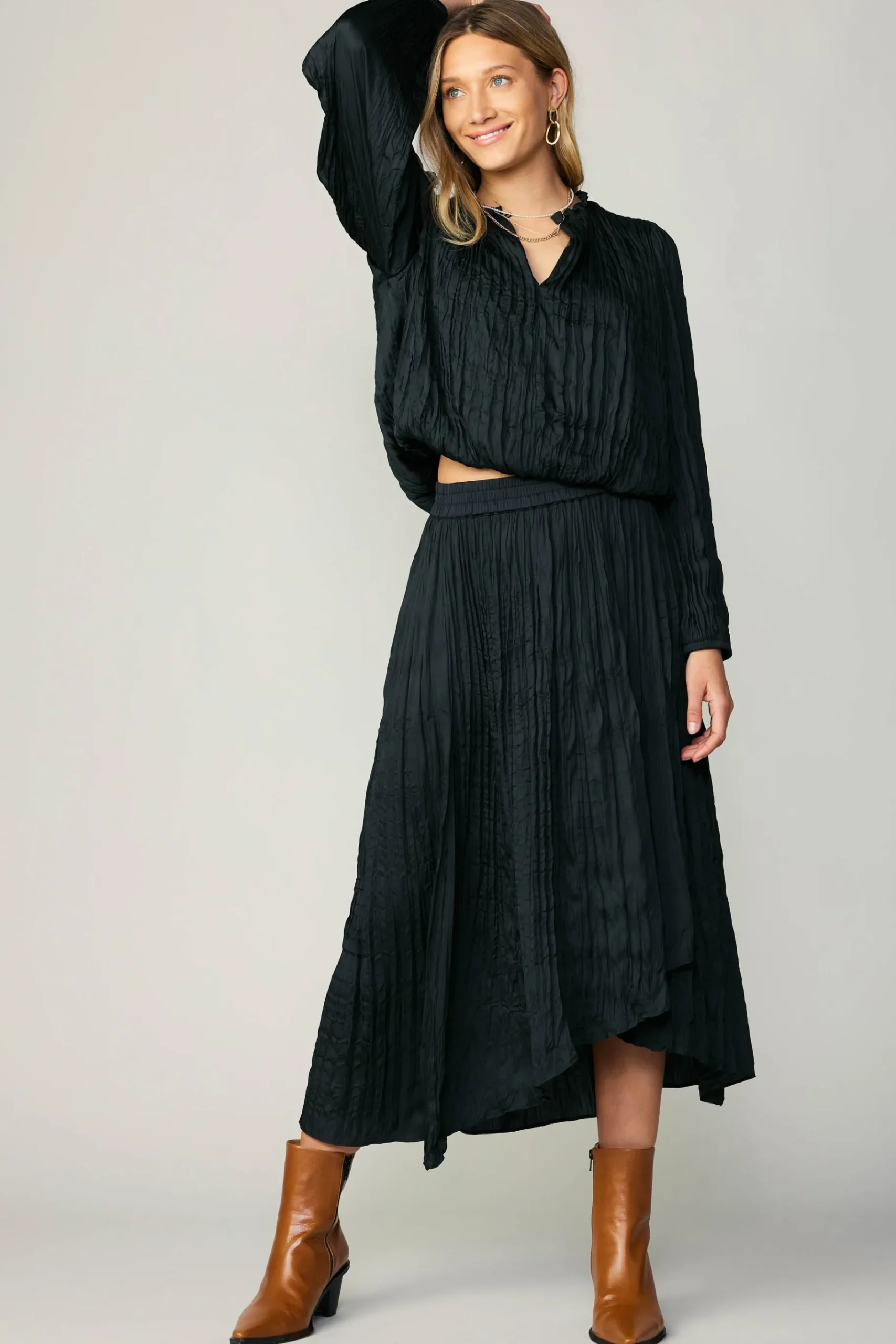 Outlet Crinkle Plisse Midi Skirt Women Skirts