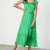 Clearance Crinkled Ruffled Shoulder Midi Dress Women Midi Dresses