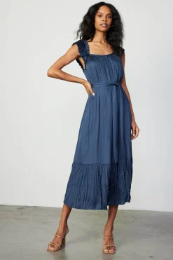 Clearance Crinkled Ruffled Shoulder Midi Dress Women Midi Dresses