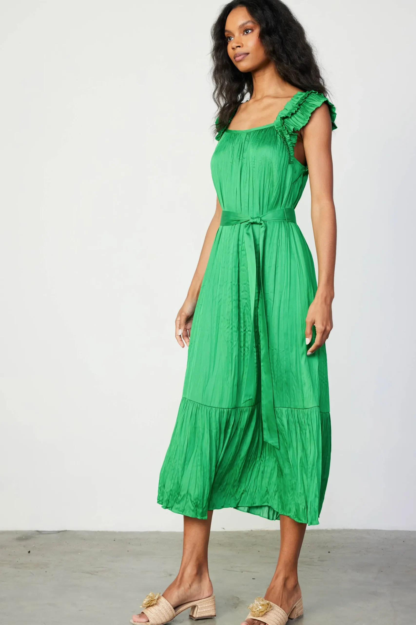 Clearance Crinkled Ruffled Shoulder Midi Dress Women Midi Dresses