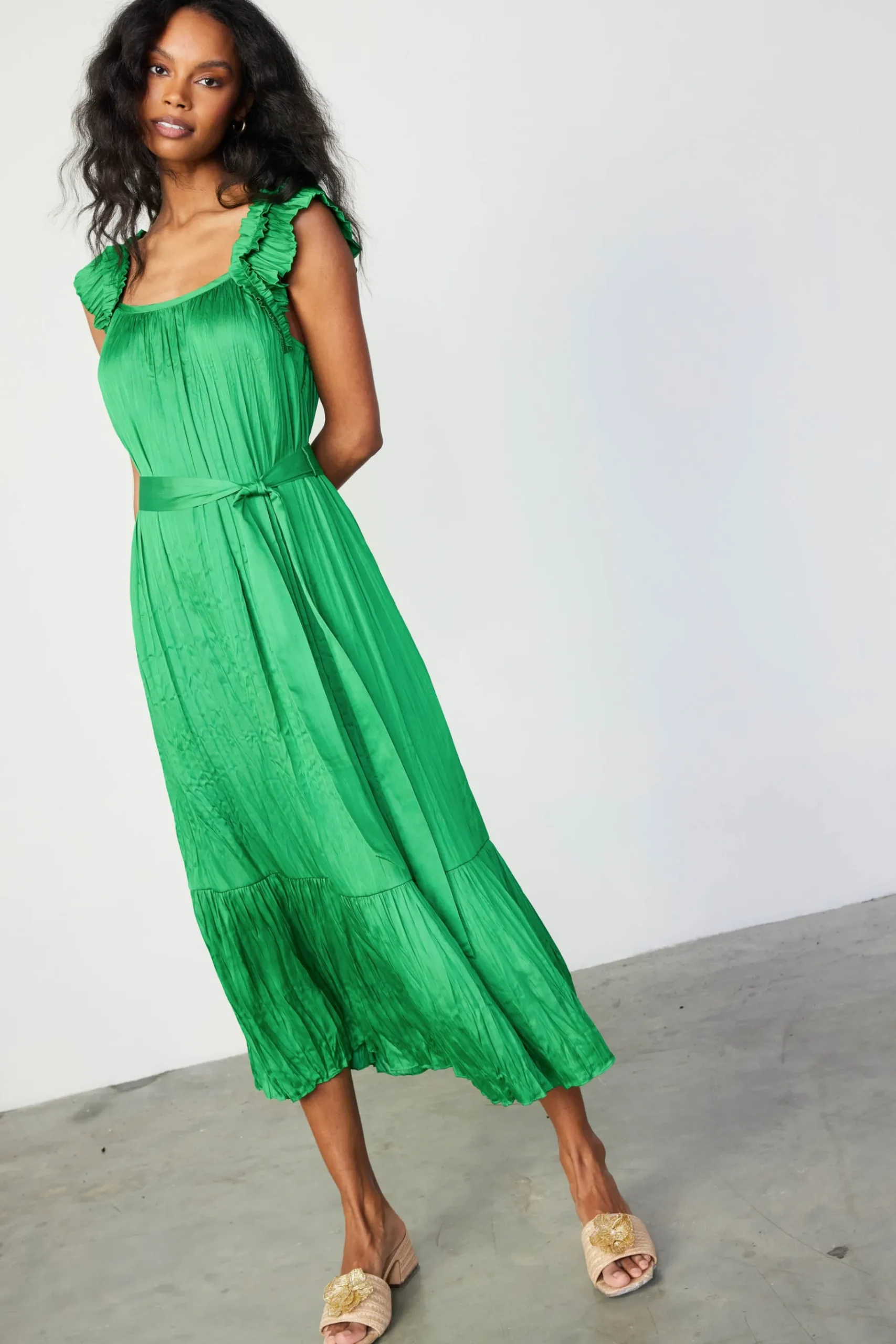 Clearance Crinkled Ruffled Shoulder Midi Dress Women Midi Dresses