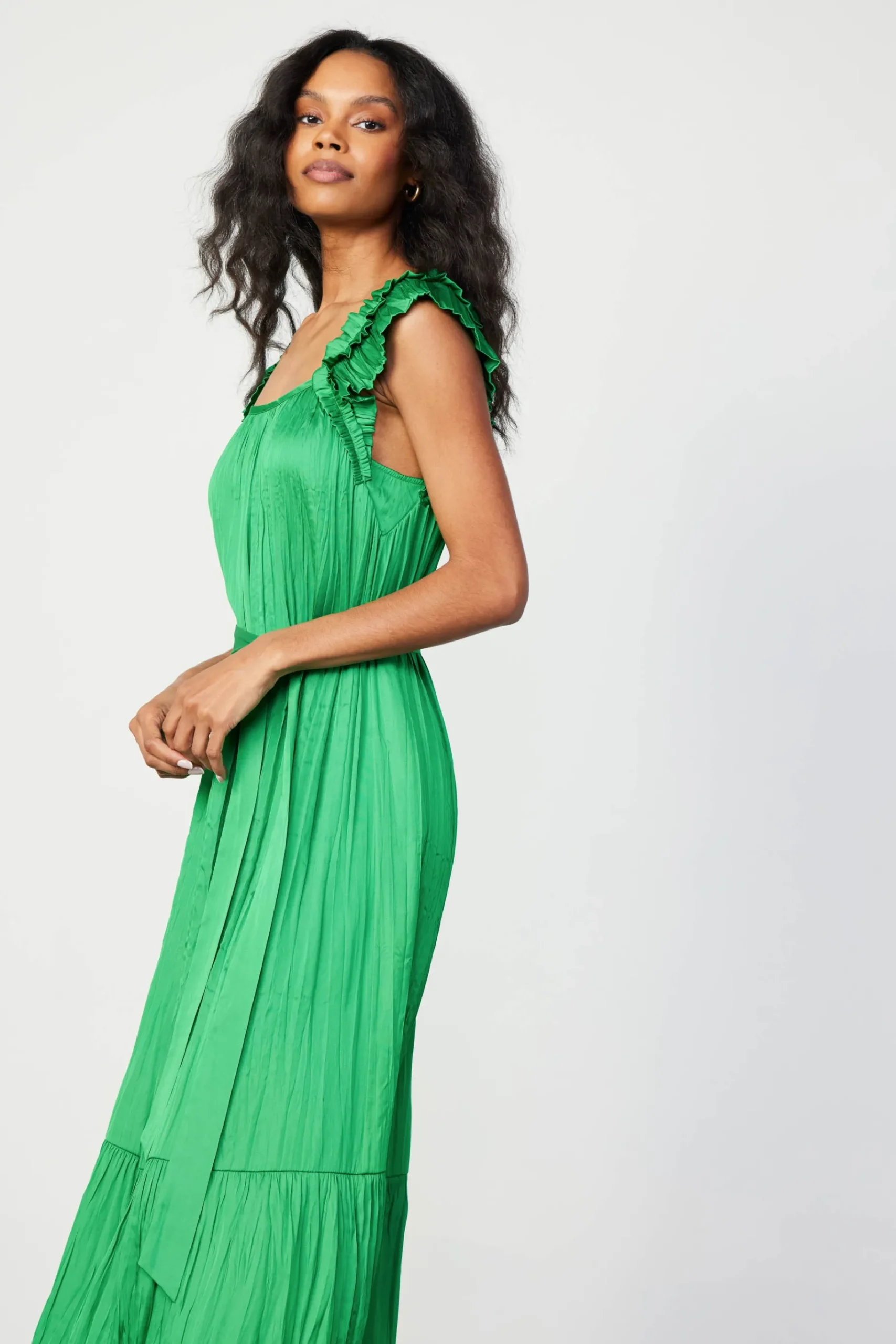 Clearance Crinkled Ruffled Shoulder Midi Dress Women Midi Dresses