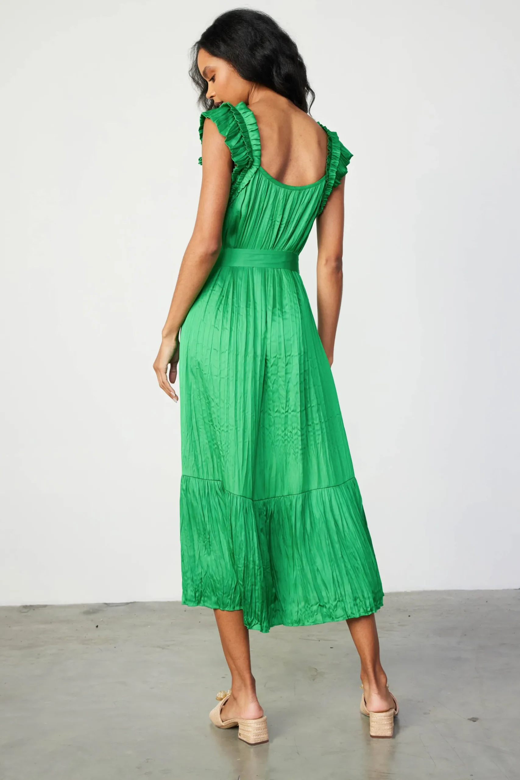 Clearance Crinkled Ruffled Shoulder Midi Dress Women Midi Dresses