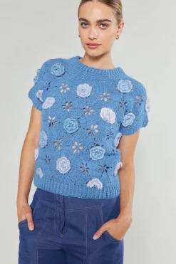 Best 3D Floral Crochet Top Women Knitwear | Short Sleeve Tops