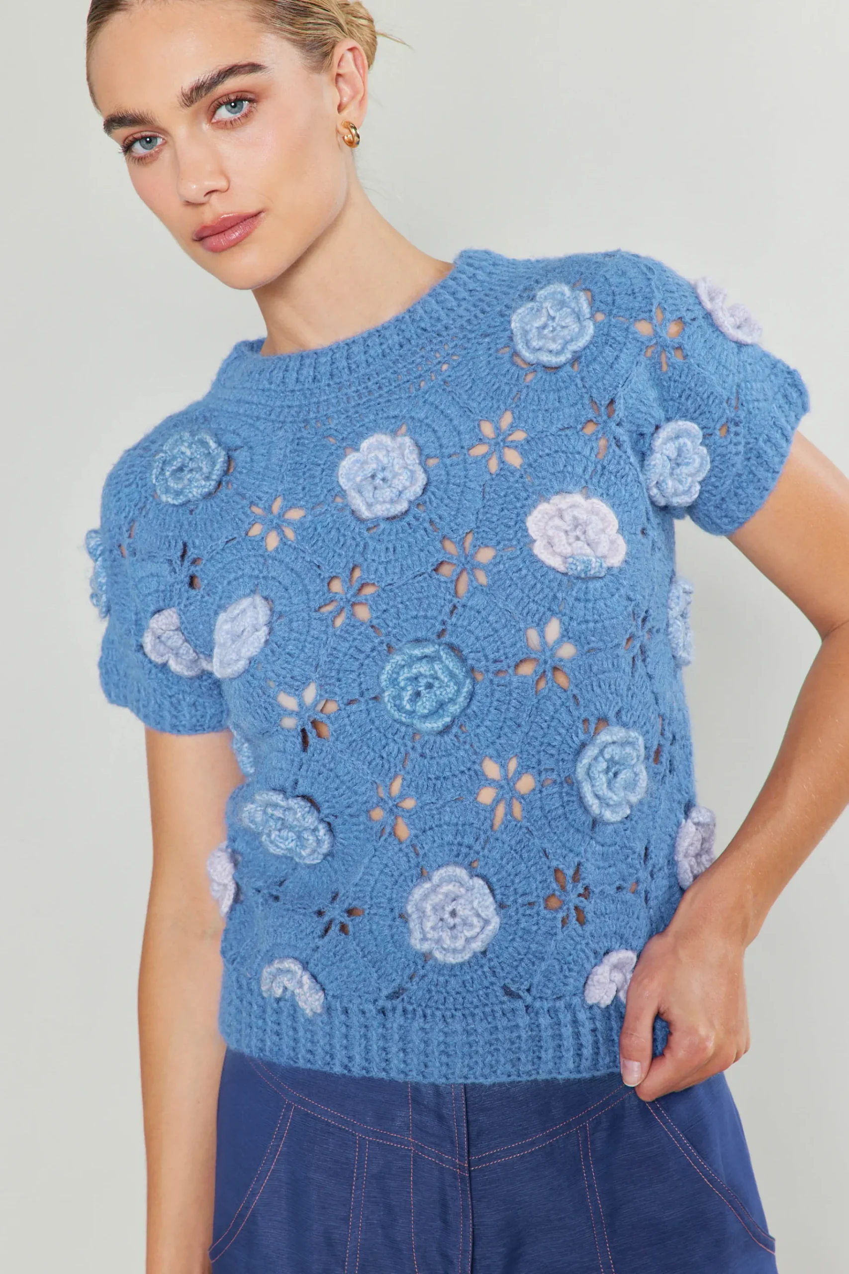 Best 3D Floral Crochet Top Women Knitwear | Short Sleeve Tops