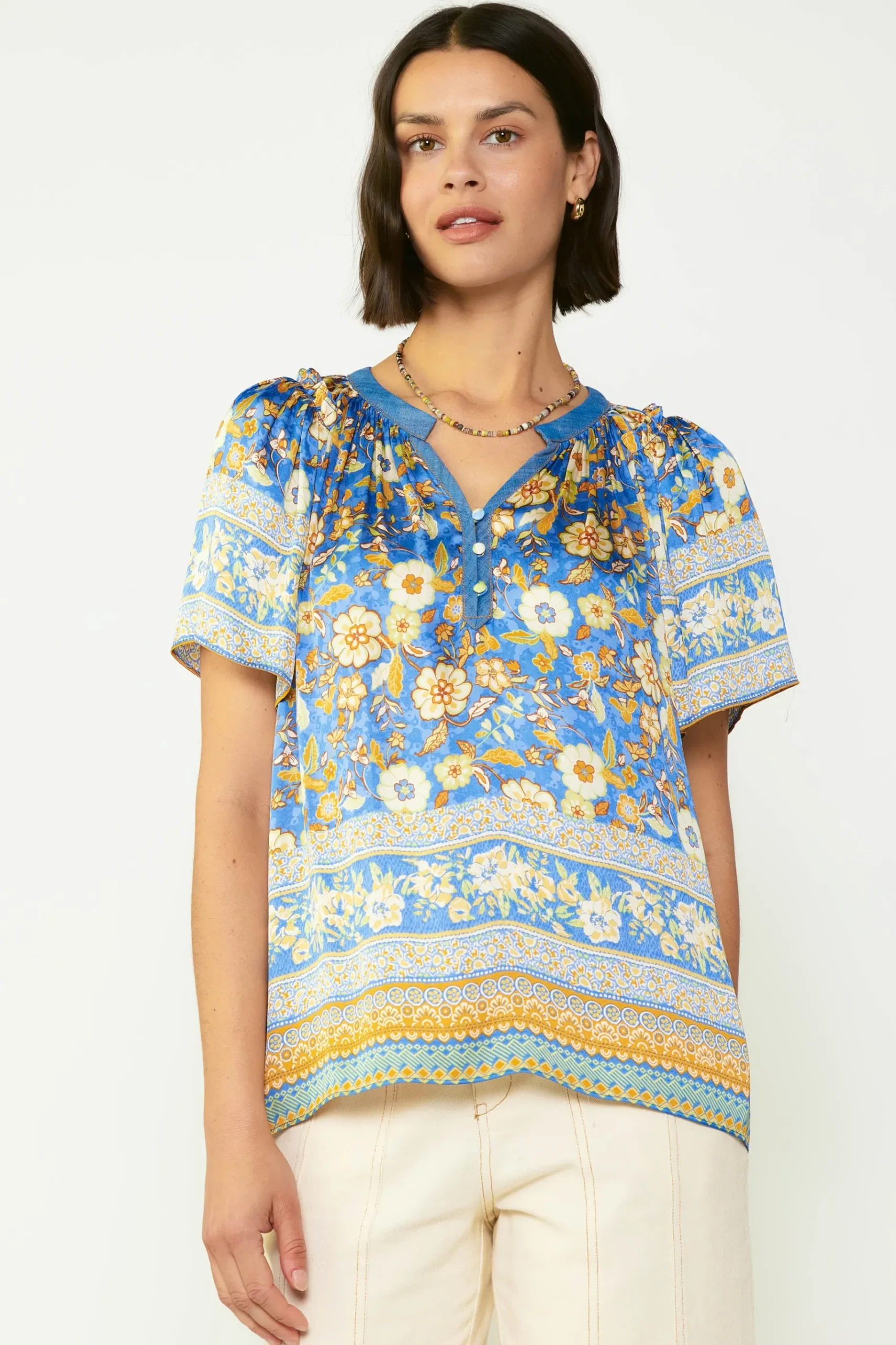 Sale Floral Border Print Blouse Women Short Sleeve Tops