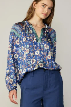 Best Floral Border Print Blouse Women Long Sleeve Tops