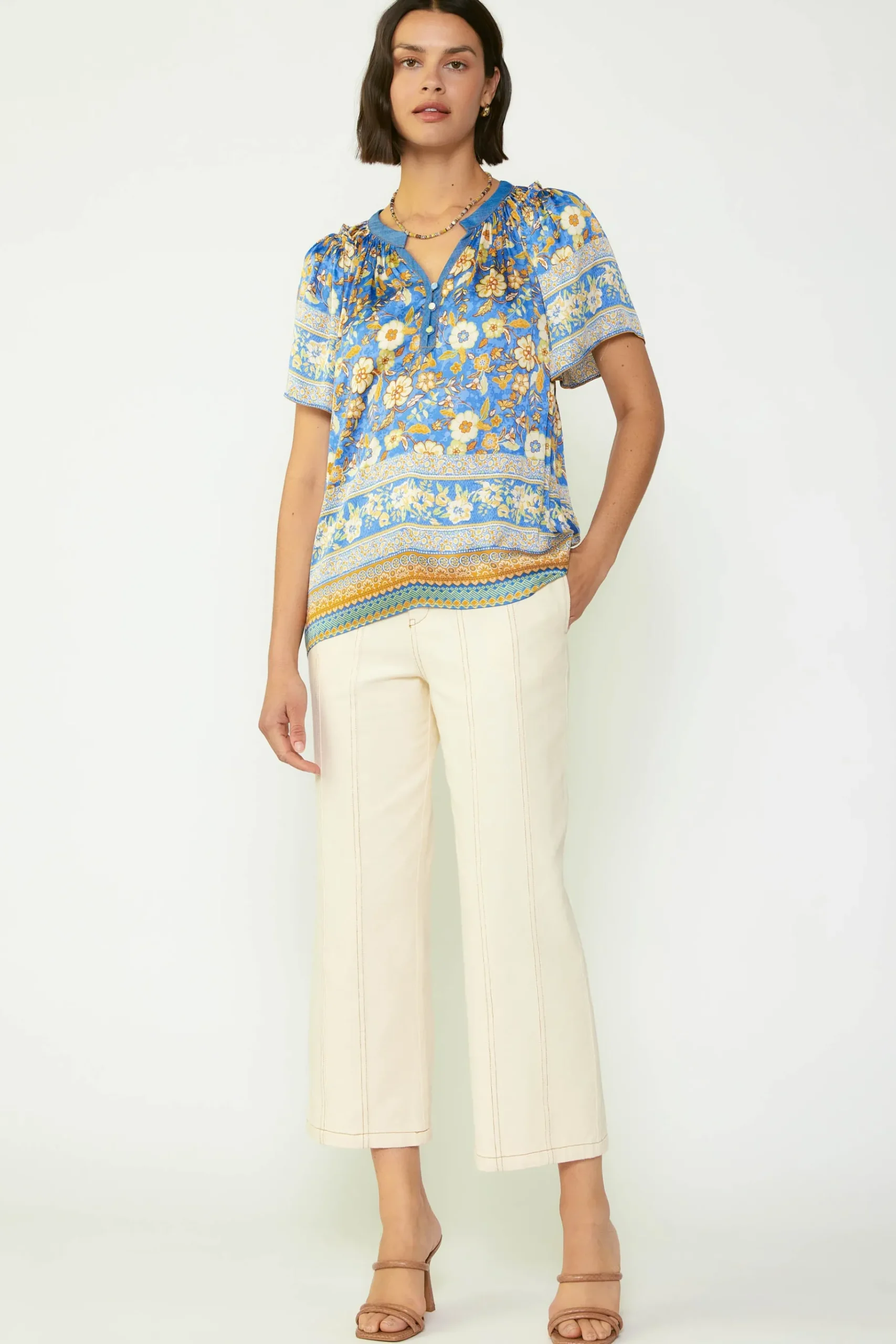 Sale Floral Border Print Blouse Women Short Sleeve Tops