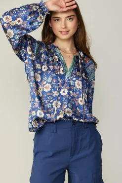 Best Floral Border Print Blouse Women Long Sleeve Tops