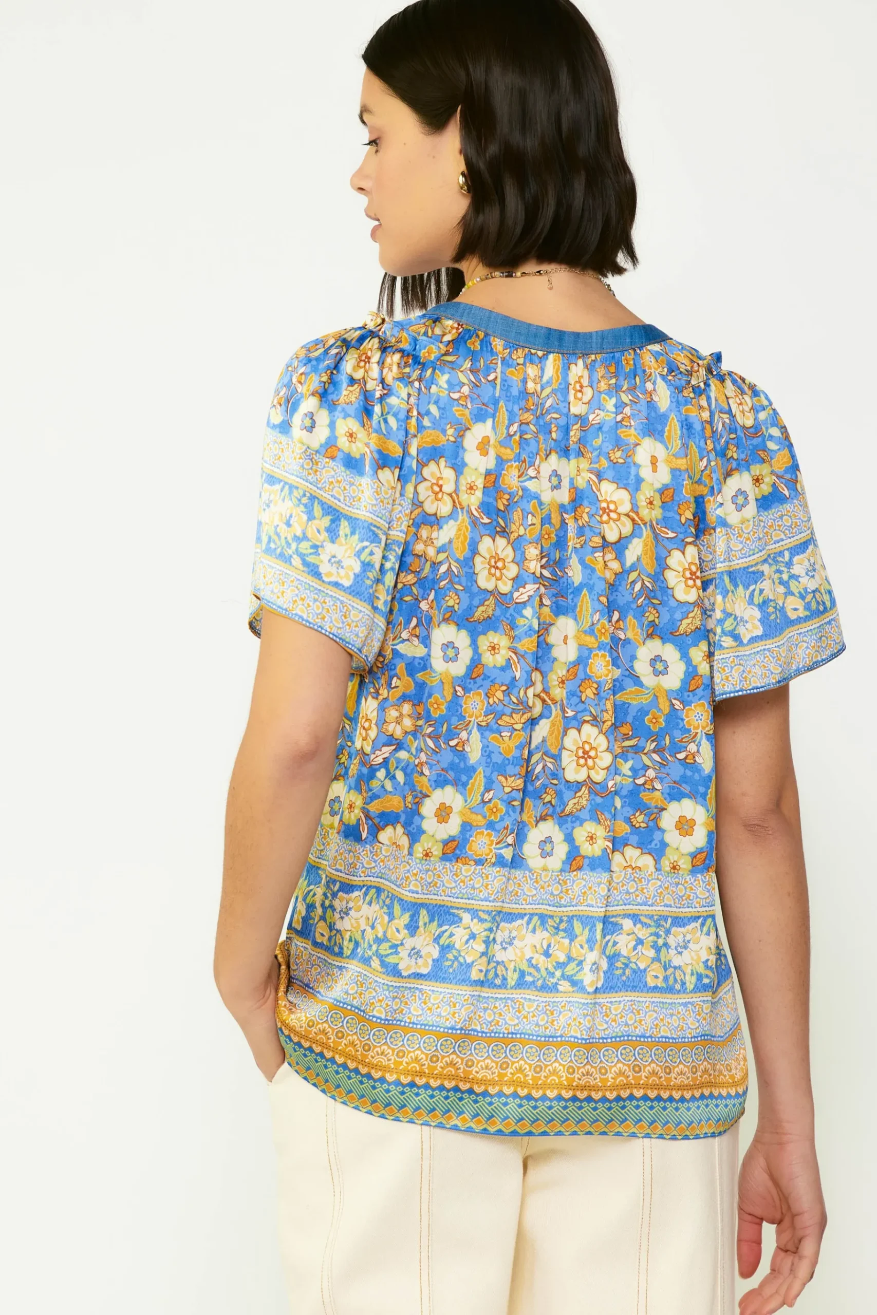 Sale Floral Border Print Blouse Women Short Sleeve Tops