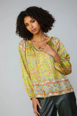 Online Floral Border Print Raglan Blouse Women Long Sleeve Tops