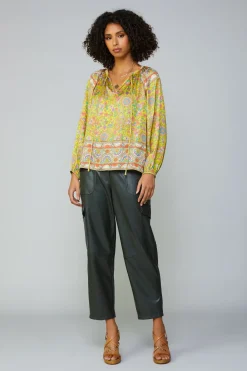 Online Floral Border Print Raglan Blouse Women Long Sleeve Tops