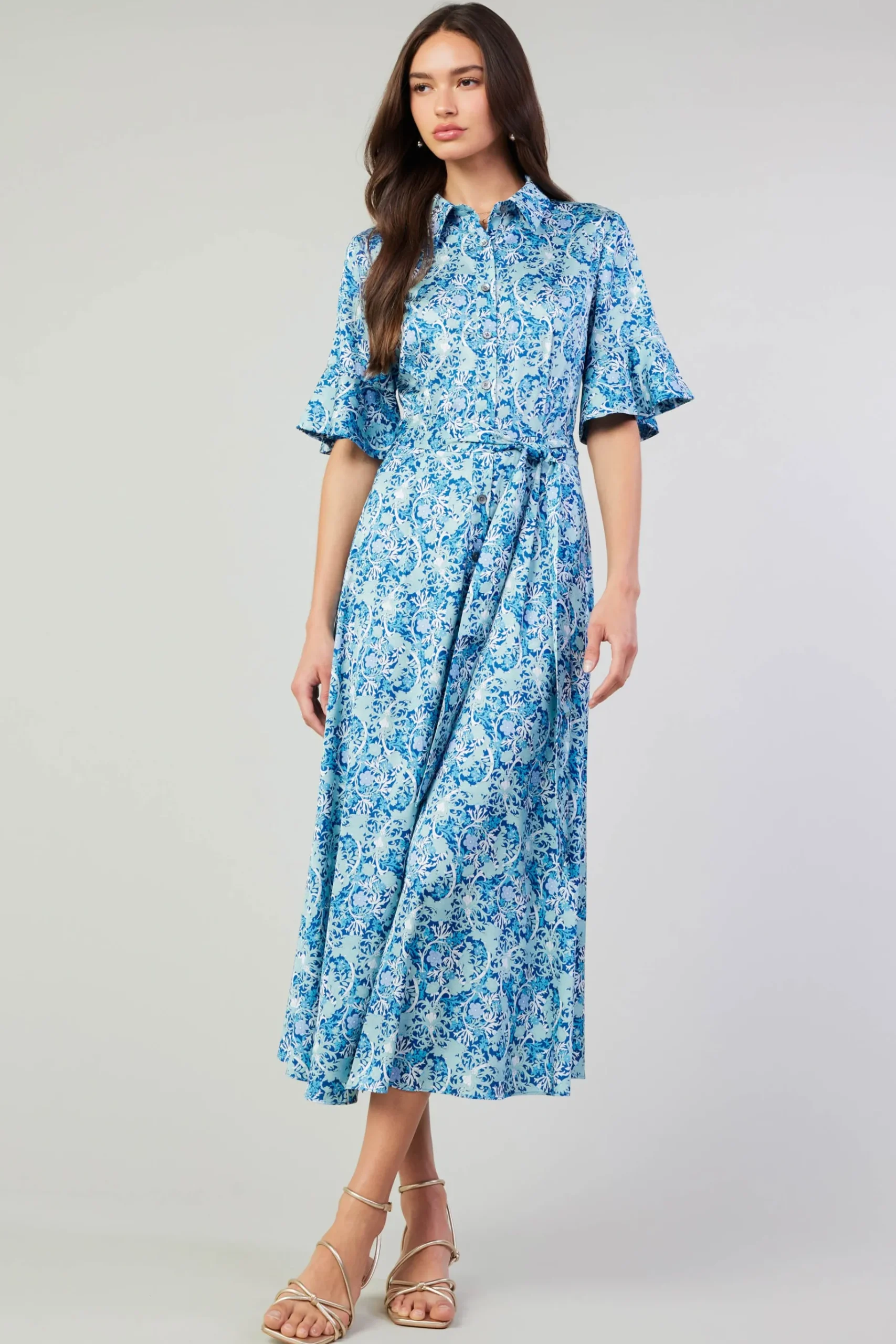 Clearance Floral Buttondown Shirt Dress Women Midi Dresses
