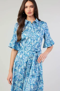 Clearance Floral Buttondown Shirt Dress Women Midi Dresses