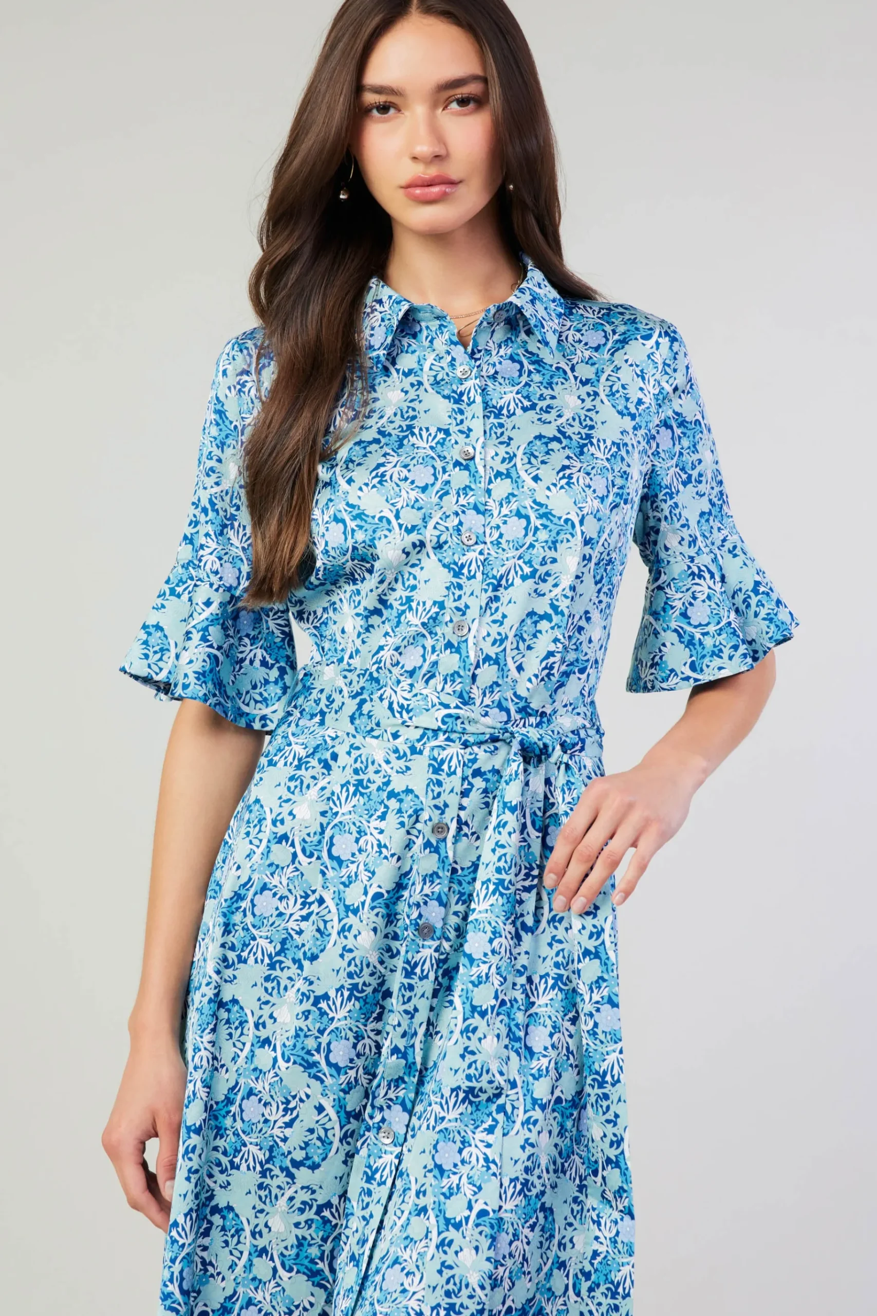 Clearance Floral Buttondown Shirt Dress Women Midi Dresses
