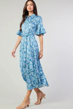 Clearance Floral Buttondown Shirt Dress Women Midi Dresses