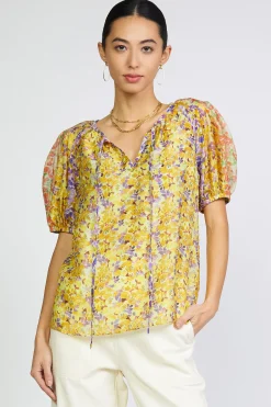 Best Floral Colorblock Split Neck Blouse Women Short Sleeve Tops