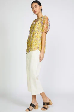 Best Floral Colorblock Split Neck Blouse Women Short Sleeve Tops