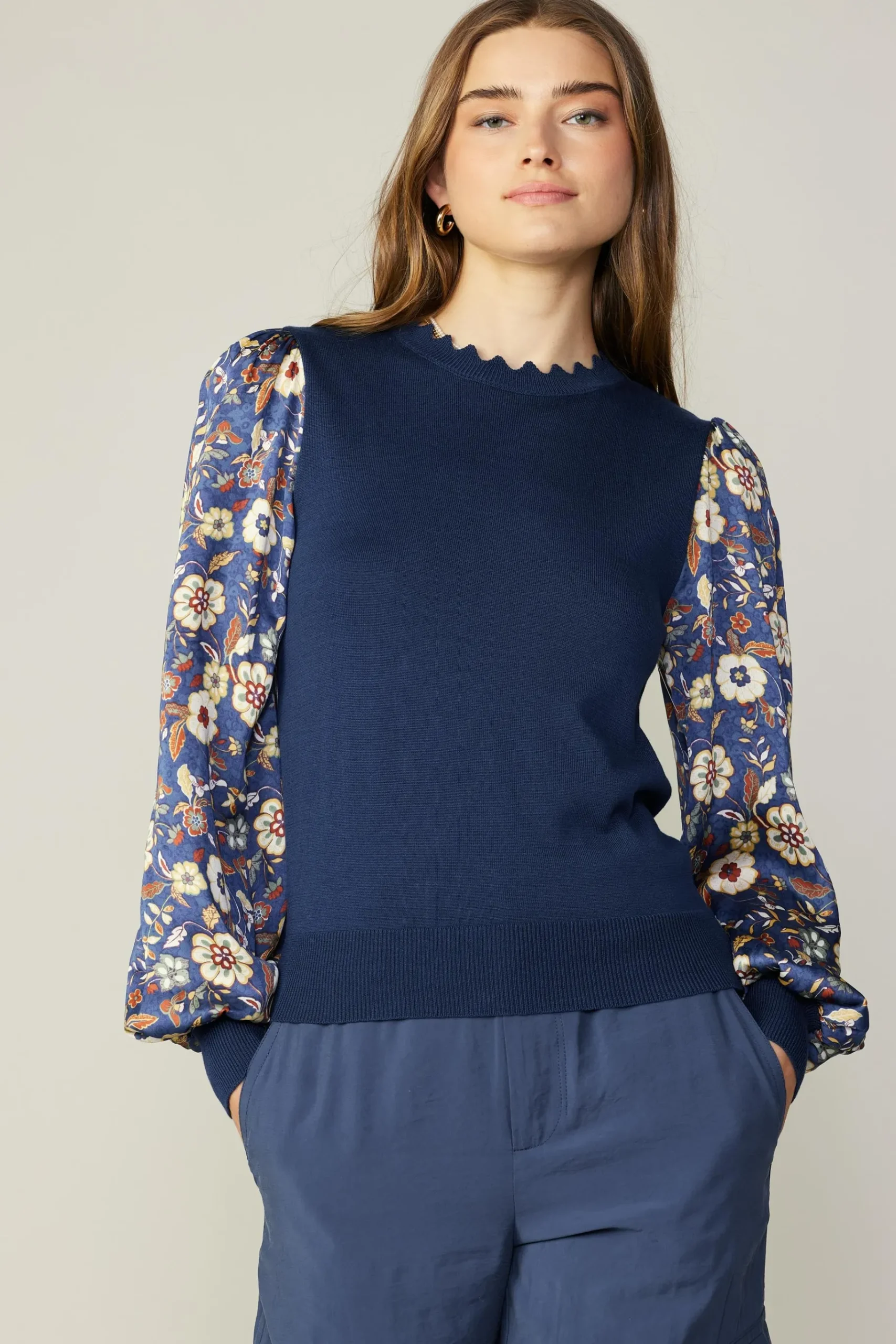 Discount Floral Contrast Sweater Top Women Long Sleeve Tops | Sweaters
