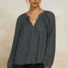 Outlet Floral Jacquard Split Neck Top Women Long Sleeve Tops