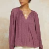 Outlet Floral Jacquard Split Neck Top Women Long Sleeve Tops