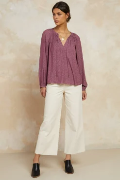 Outlet Floral Jacquard Split Neck Top Women Long Sleeve Tops