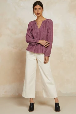 Outlet Floral Jacquard Split Neck Top Women Long Sleeve Tops