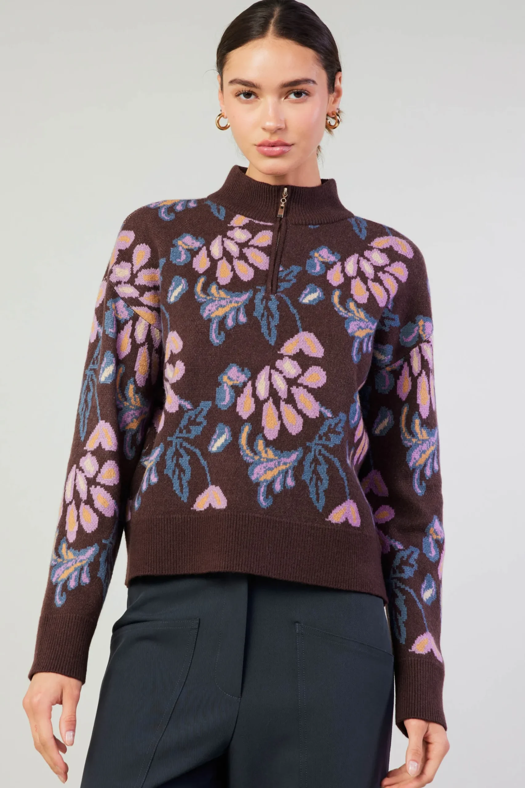 Outlet Floral Jacquard Zip Sweater Women Knitwear | Sweaters