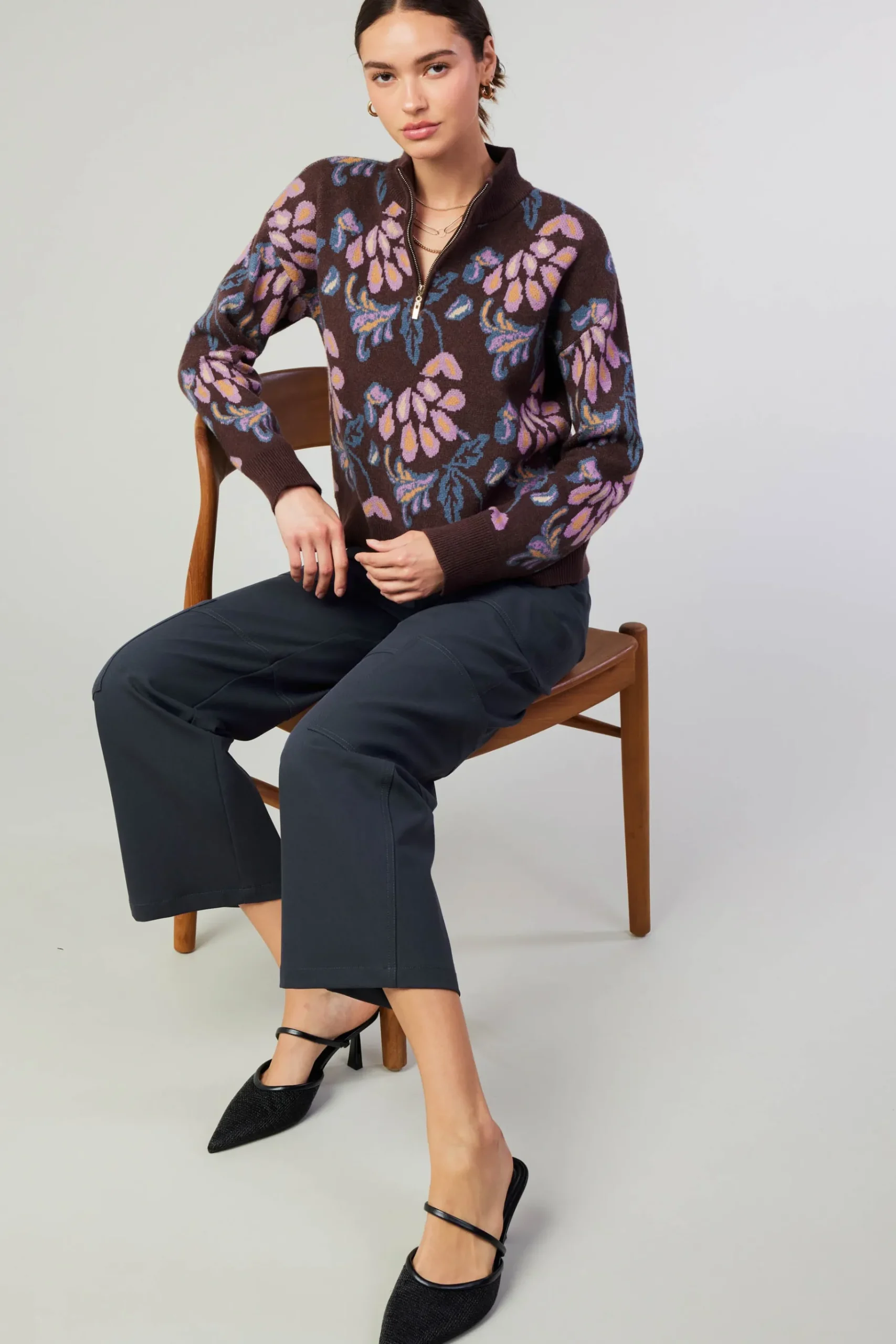 Outlet Floral Jacquard Zip Sweater Women Knitwear | Sweaters