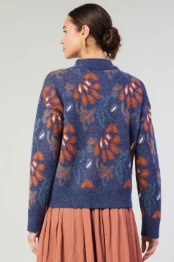 New Floral Jacquard Zip Sweater Women Knitwear | Sweaters